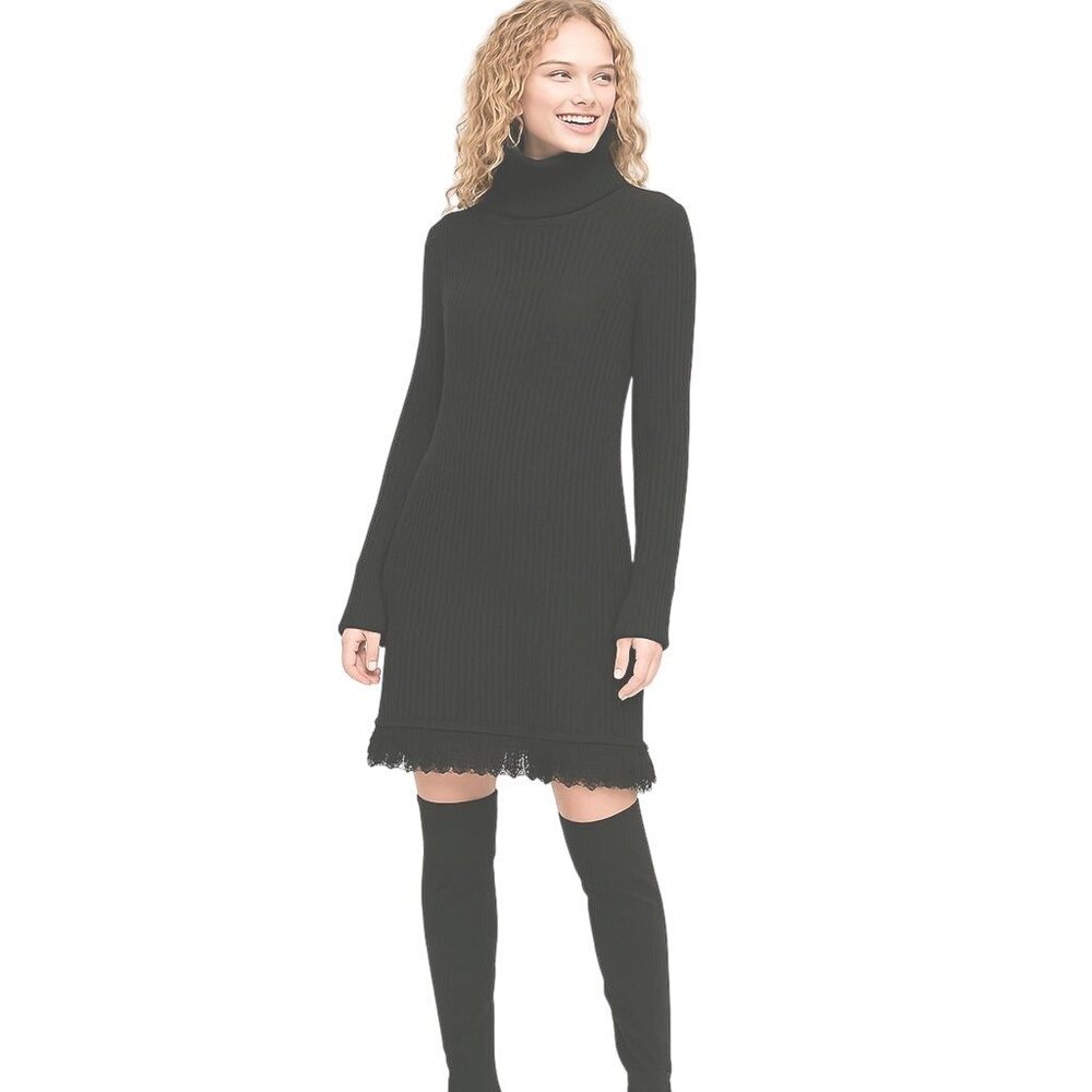 Who What Wear Medium Black Ribbed Knit Turtleneck Sweater Dress Fringe Hem NWT